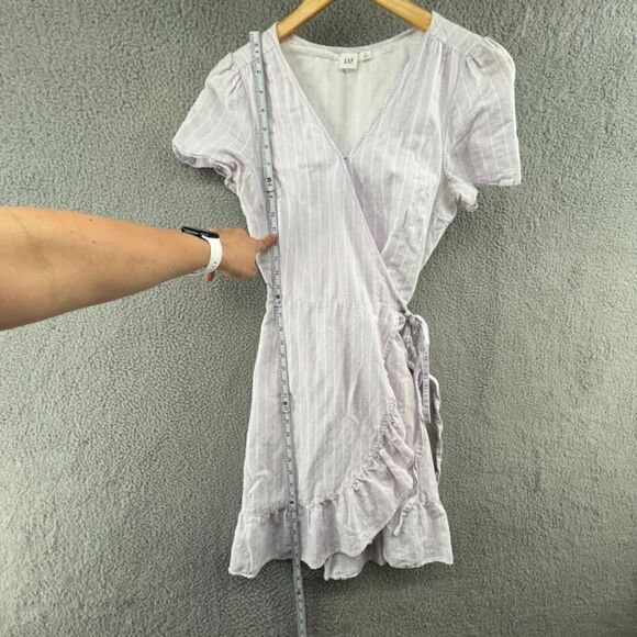 Gap Linen Cotton Stripe Ruffle Wrap Dress Purple White Small TALL - Picture 6 of 16